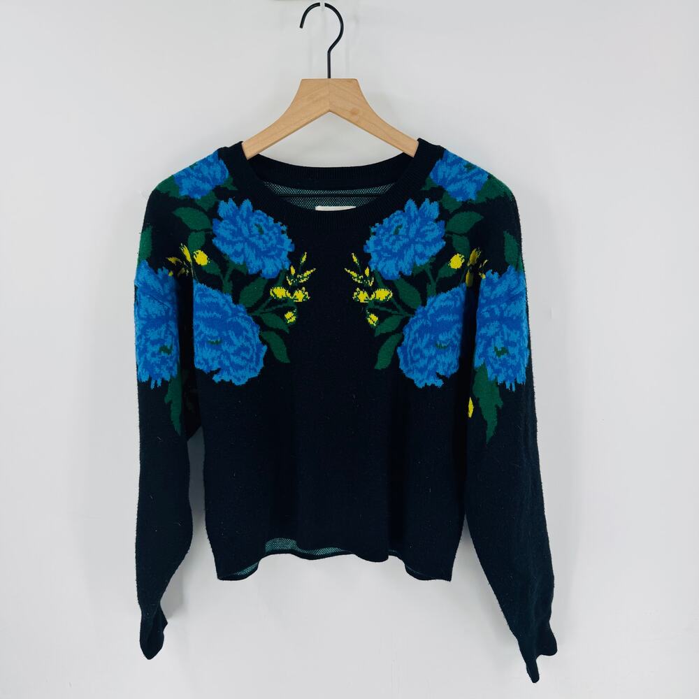 Maeve Anthropologie Black Blue Floral Intarsia Knit Sweater Pullover Women’s S - Picture 7 of 7